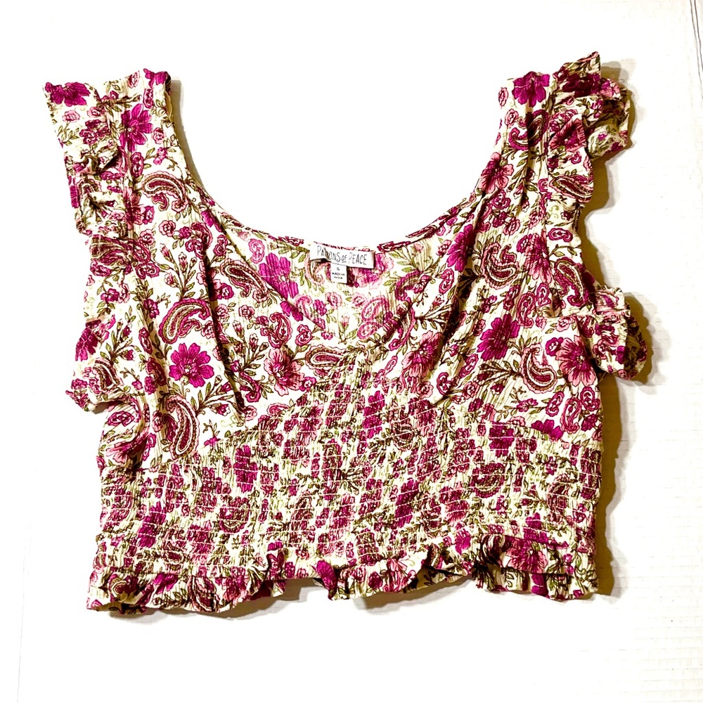 Patrons Of Peace Ruffle Sleeveless Crop Top Paisley Floral Pink‎ White Small